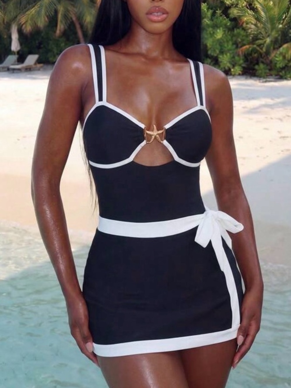 New Shein Black Swimdress with White Trim and Star Accent